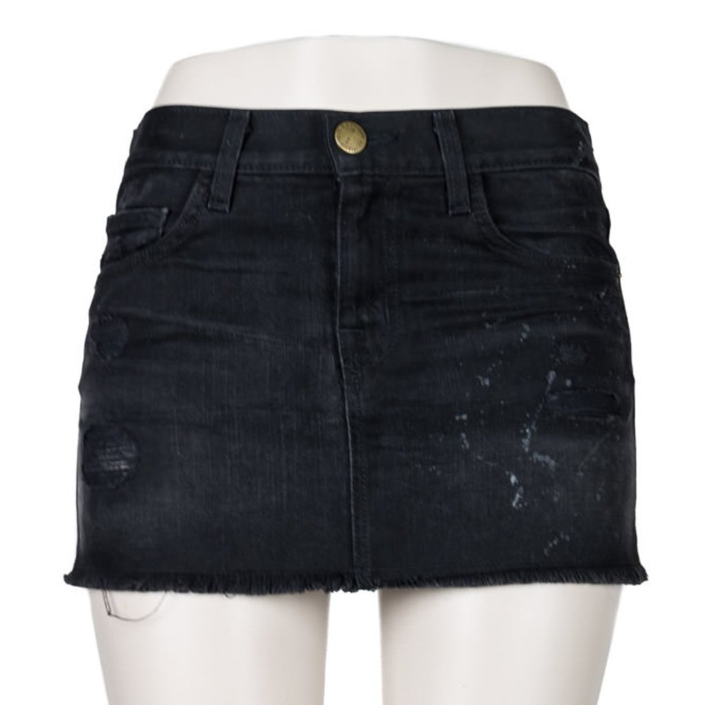 Current/Elliott Black Denim Mini Skirt Paint Splatter Distressed Grunge Punk